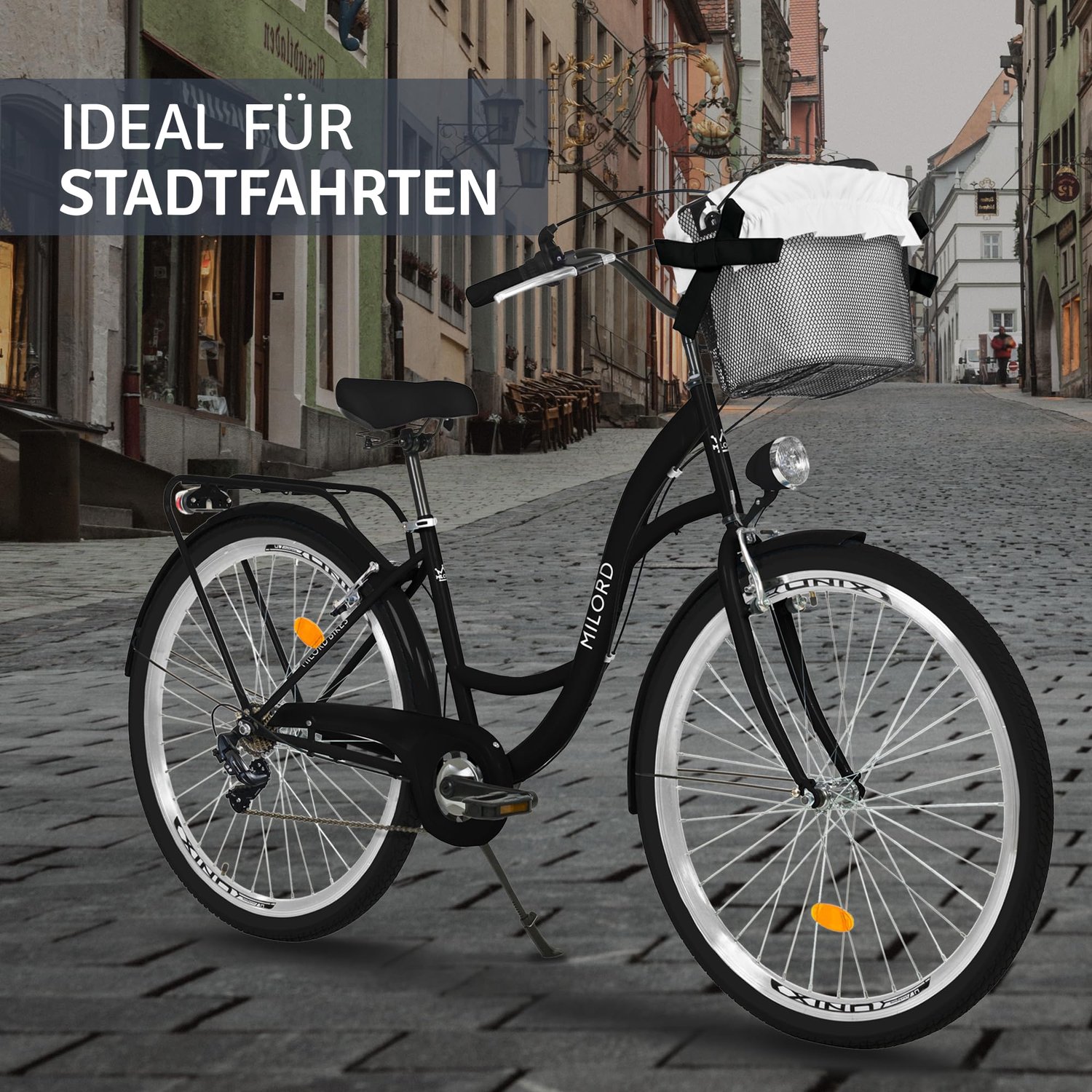 Milord damesfiets stadsfiets 28 inch met 7 versnellingen zwart frame metalen mand