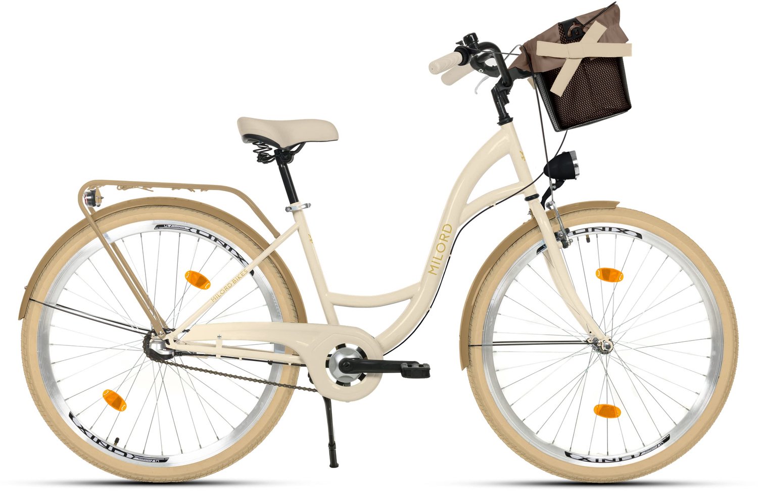 Milord damesfiets 28 inch stadsfiets met metalen mand 3 versnellingen crèmekleurig frame