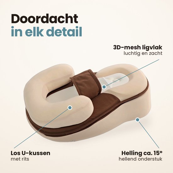 Crème en bruin babynestje met 3D-mesh ligvlak, 15 graden helling en los U-vormig kussen met rits.
