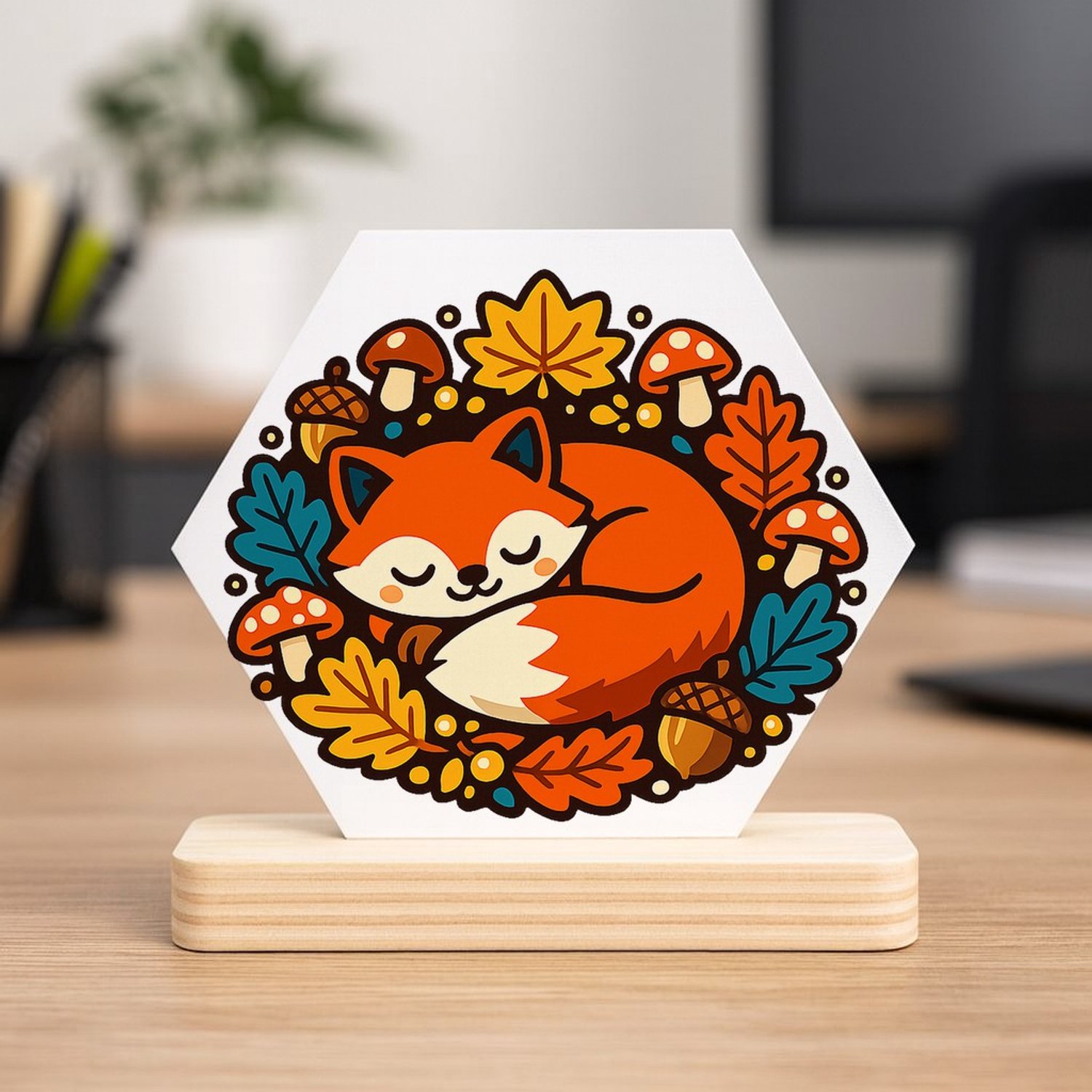 Mr Cadeautjes MDF fotolijst/inleg hexagon 14 x 13 - design Slapende vos in herfstkrans | cadeau Wit