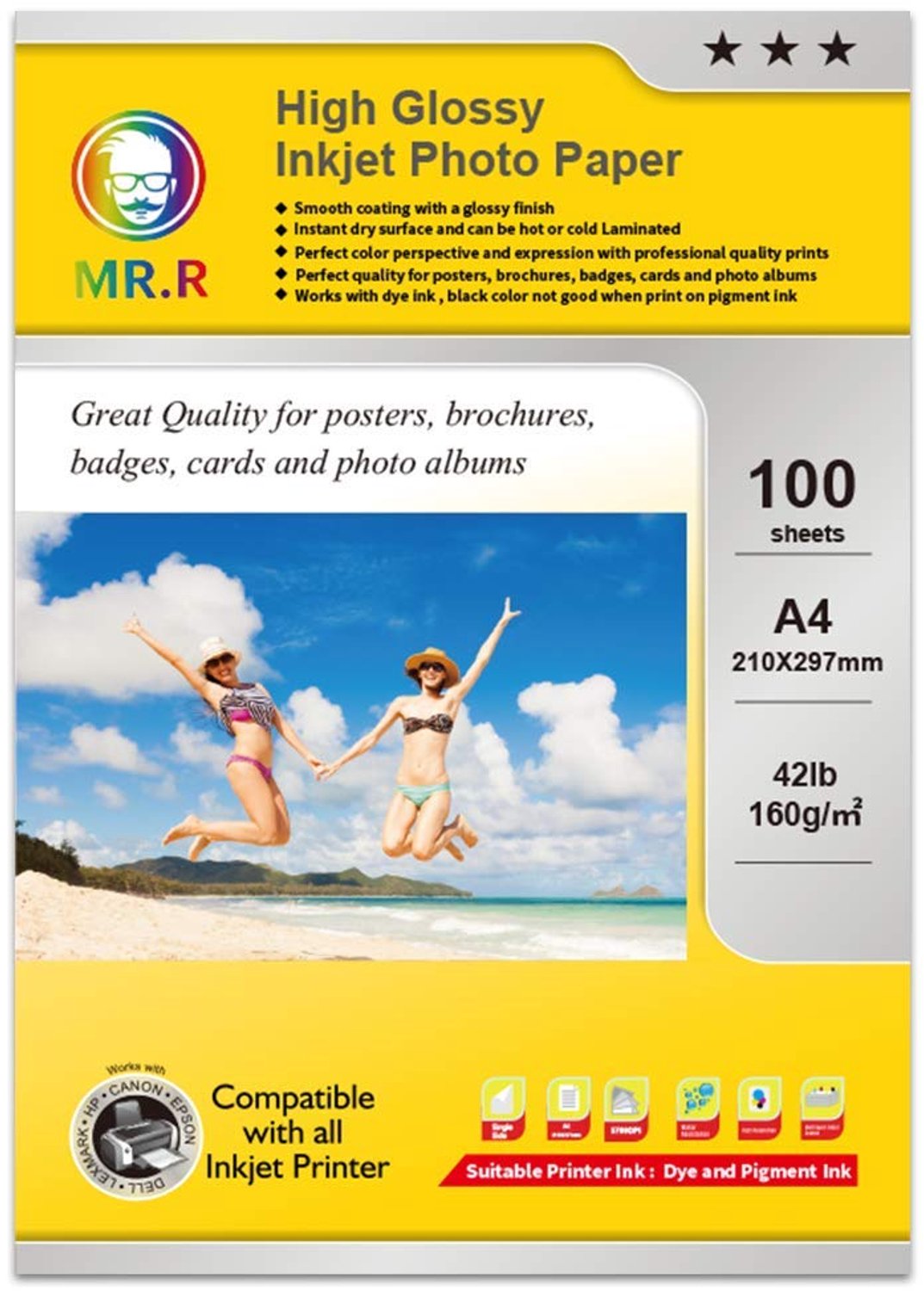 A4 Glanzend Foto Papier 160gsm, 100 Vel voor Inkjet Printers