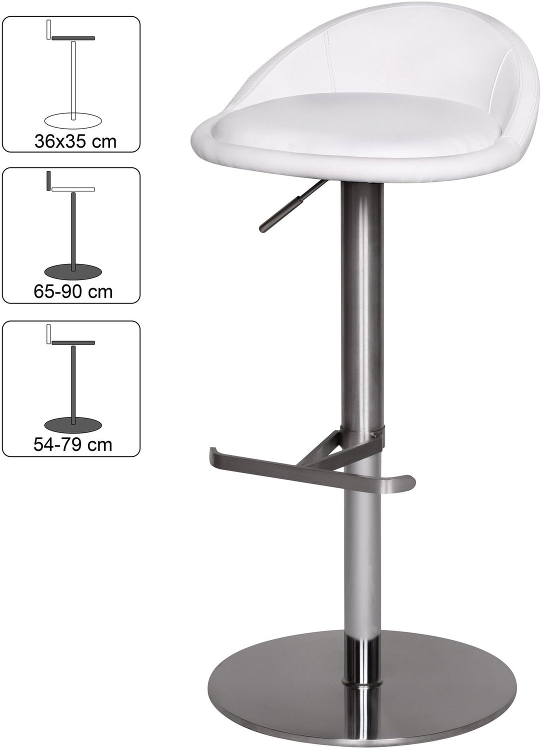 Cosmo Casa Barkruk – Verstelbare Barstoel - Rugleuning en Voetensteun – 360° Draaibaar – Kunstleer – RVS – Zithoogte 54-79 cm - Wit