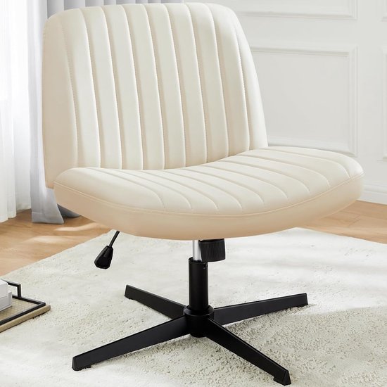 Bureaustoel Zonder Wielen en Armleuningen – Beige PU-Leer – Criss Cross Stoel – 360° Draaibaar – In Hoogte Verstelbaar – Extra Brede Zitting 66 cm – Max. 135 kg - HM-7261