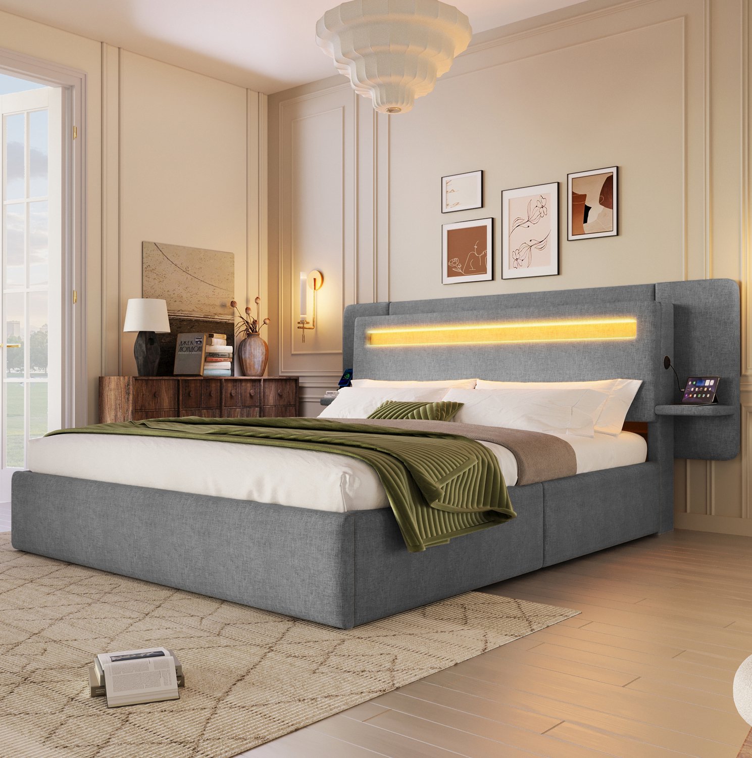 HAUSS SPOLE Gestoffeerd Bed 140x200 cm - Hydraulische Opbergruimte - Nachtkastje met Usb-Aansluiting - Meerkleurige Verlichting - Zonder Matras - Grijs