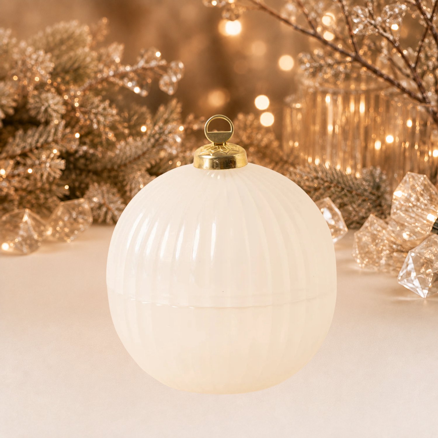 Luxe Glazen Kerstbal Geurkaars met deksel - Wit - Knisperende Houten Lont – Limited Edition – Dierproefvrij - Handgemaakt - Geïnspireerd op Jankie Home Sweet Home