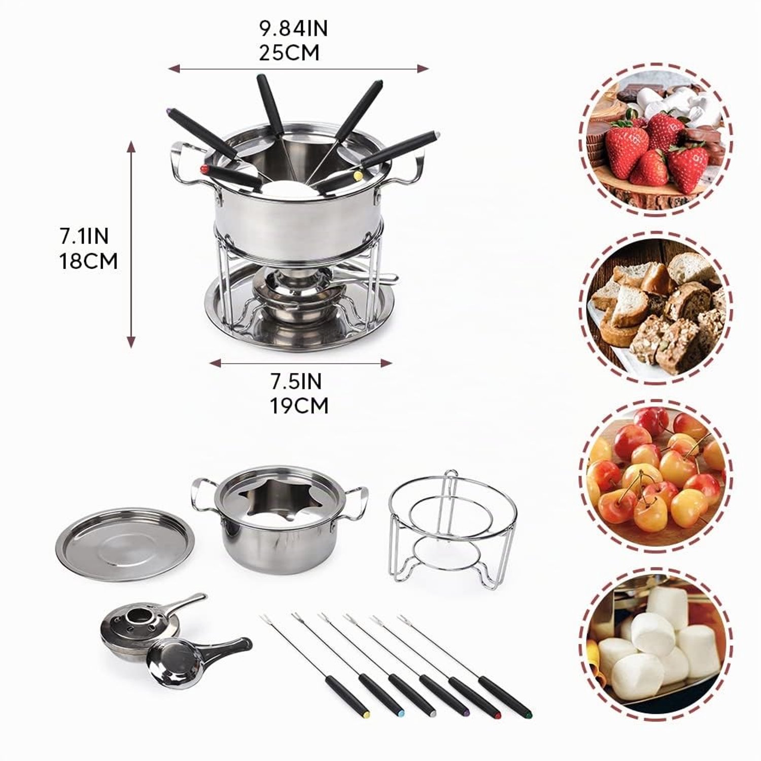 Kaasfondueset voor 6 Personen – RVS Fonduepan – Inclusief Brander, Spatbescherming en 6 Vorken – Zilver – foto 5
