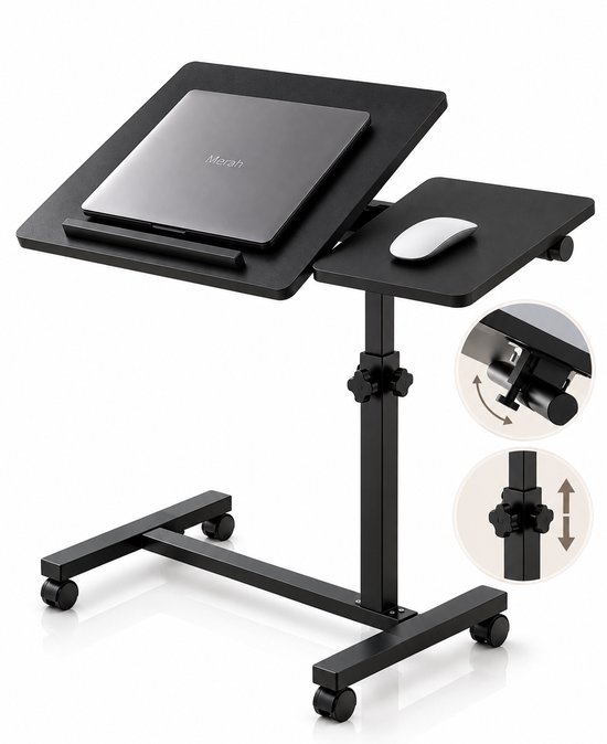 Merah® Laptoptafel - Bedtafel Verstelbaar in Hoogte & Hoek - Banktafel - Laptoptafel op wielen - Inklapbaar – Ergonomisch - Zwart