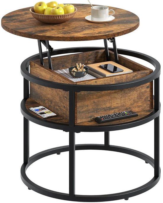 Ronde salontafel met lift-top, rustiek bruin hout en zwart metalen frame, met zichtbaar intern opbergvak.