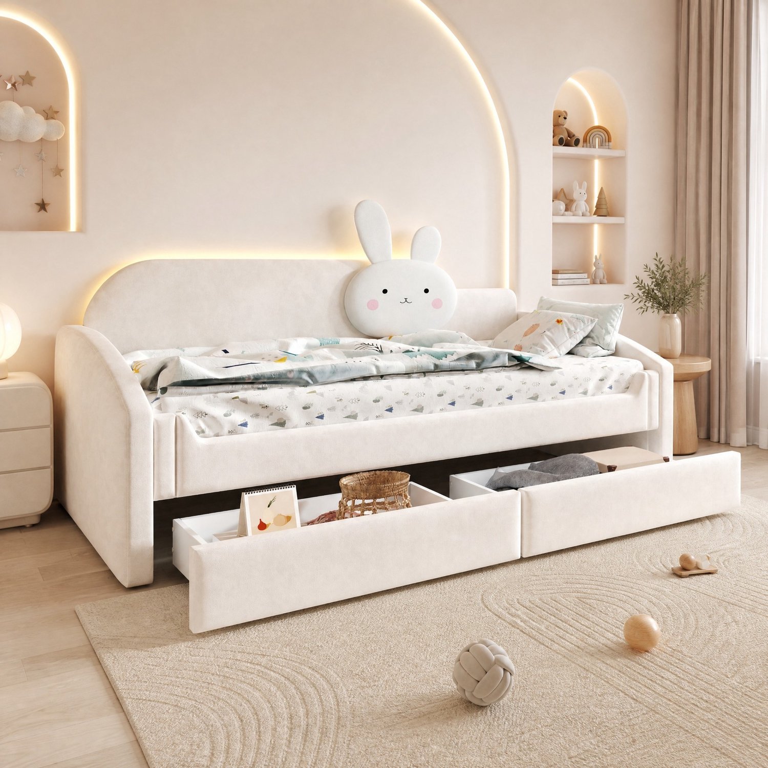 MEUNIQ Kinderbed 90 x 200 cm met 2 opbergladen, ledverlichting, gebogen rugleuning, konijnenkussen en fluwelen bekleding, beige