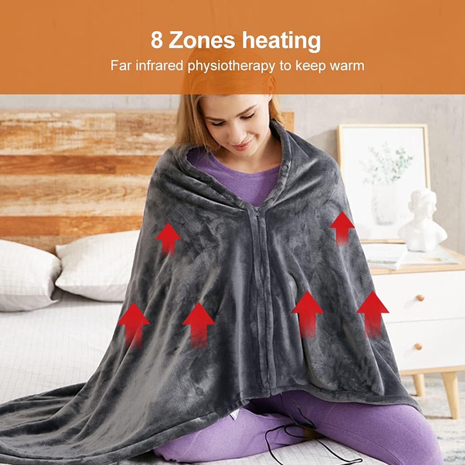 Elektrische Deken - 150x85cm - - 3 Standen - Oplaadbare elektrische deken - 1 Persoons Bovendeken - Warmtedeken - Verwarmde deken - Draagbare verwarmde omslagdoek - USB-oplaadbaar - Verwarmde deken - Warmte Poncho - Voor Thuis & Kantoor - Grijs – foto 4