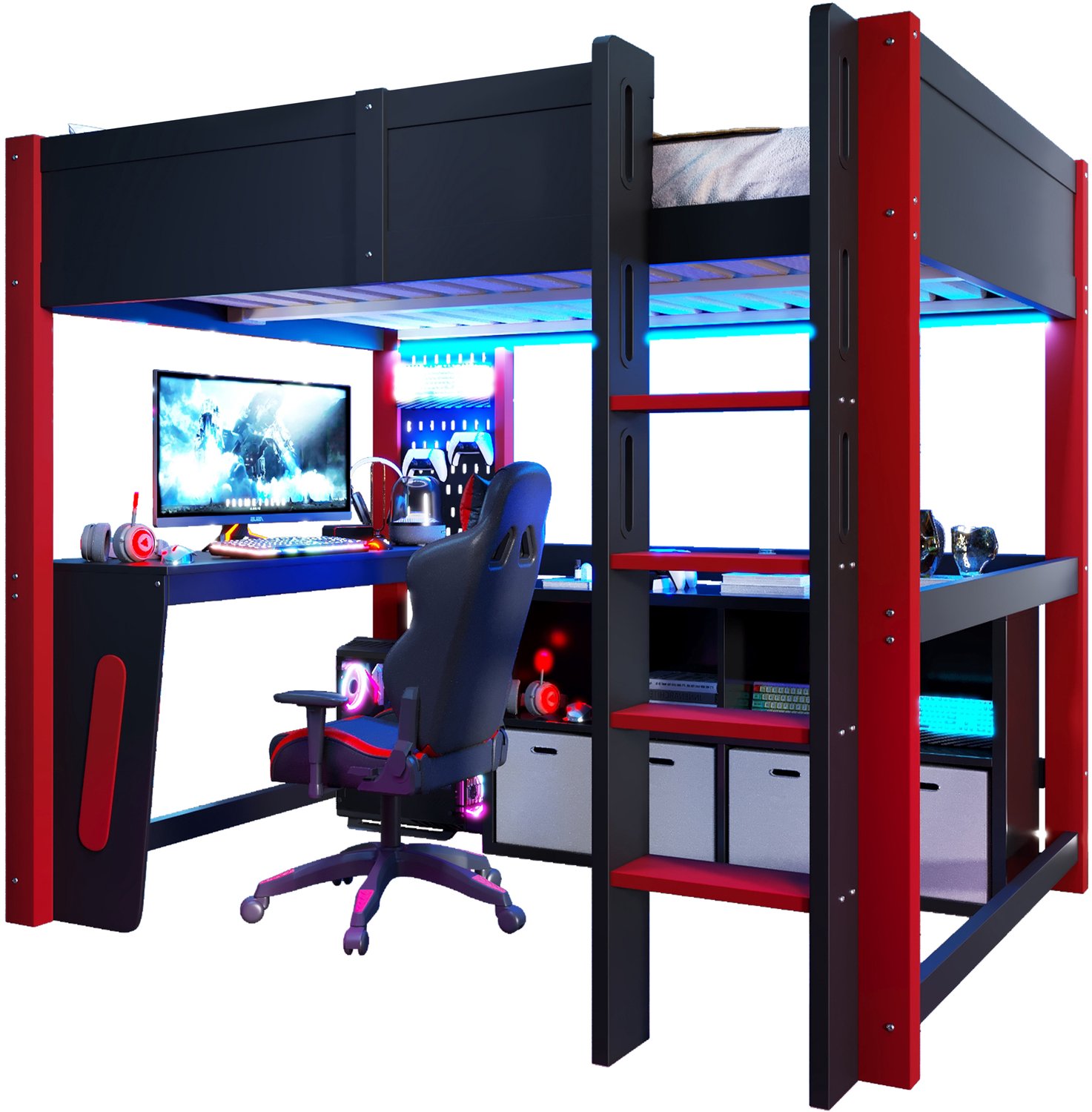 REDOM Hoogslaper 140x200 cm - Met bureau, geperforeerd paneel en LED-verlichting - Zwart