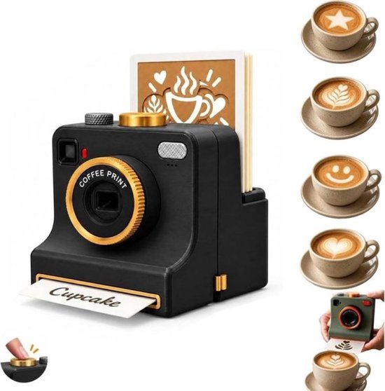Zwarte koffie-stencildrukkers in cameradesign, inclusief 4 sjabloonkaarten met o.a. 'Cupcake'-opdruk.