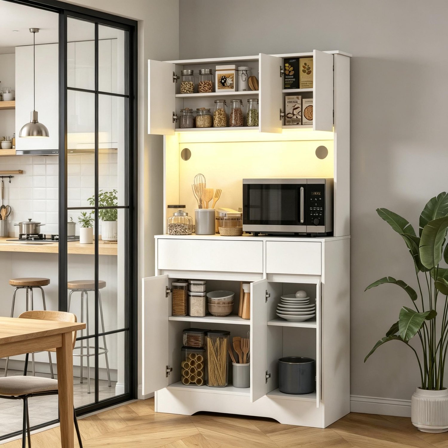 STILVORA Keukenkast - Ledverlichting En Werkblad - 6 Deuren En 2 Lades Voor De Keuken - MDF En Spaanplaat - 100x38x180 Cm - Wit