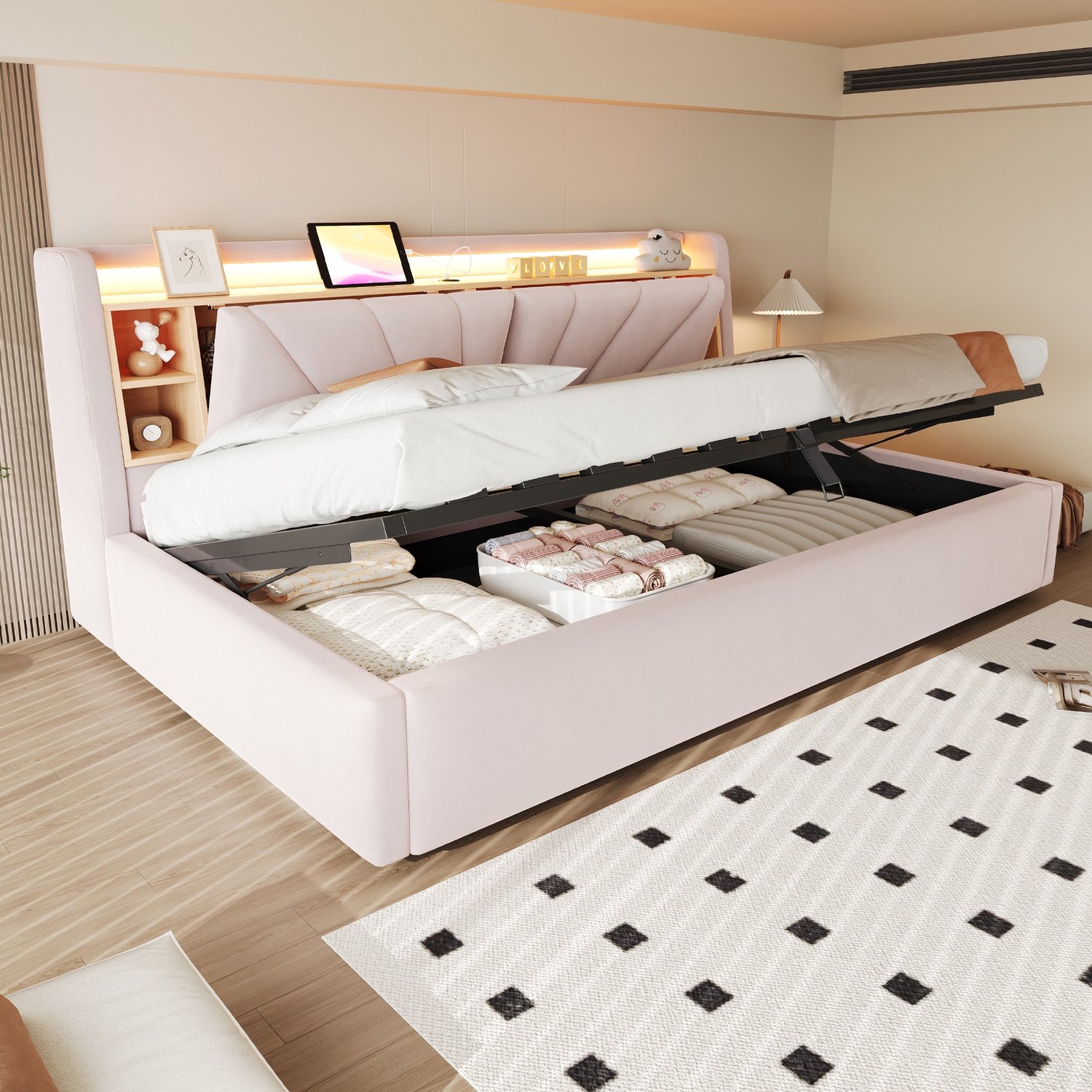 Sweiko Slaapbank - 90 × 200 cm - Gestoffeerd bed - Opbergruimte - LED-verlichting - Oplaadaansluiting - Velvet - Roze