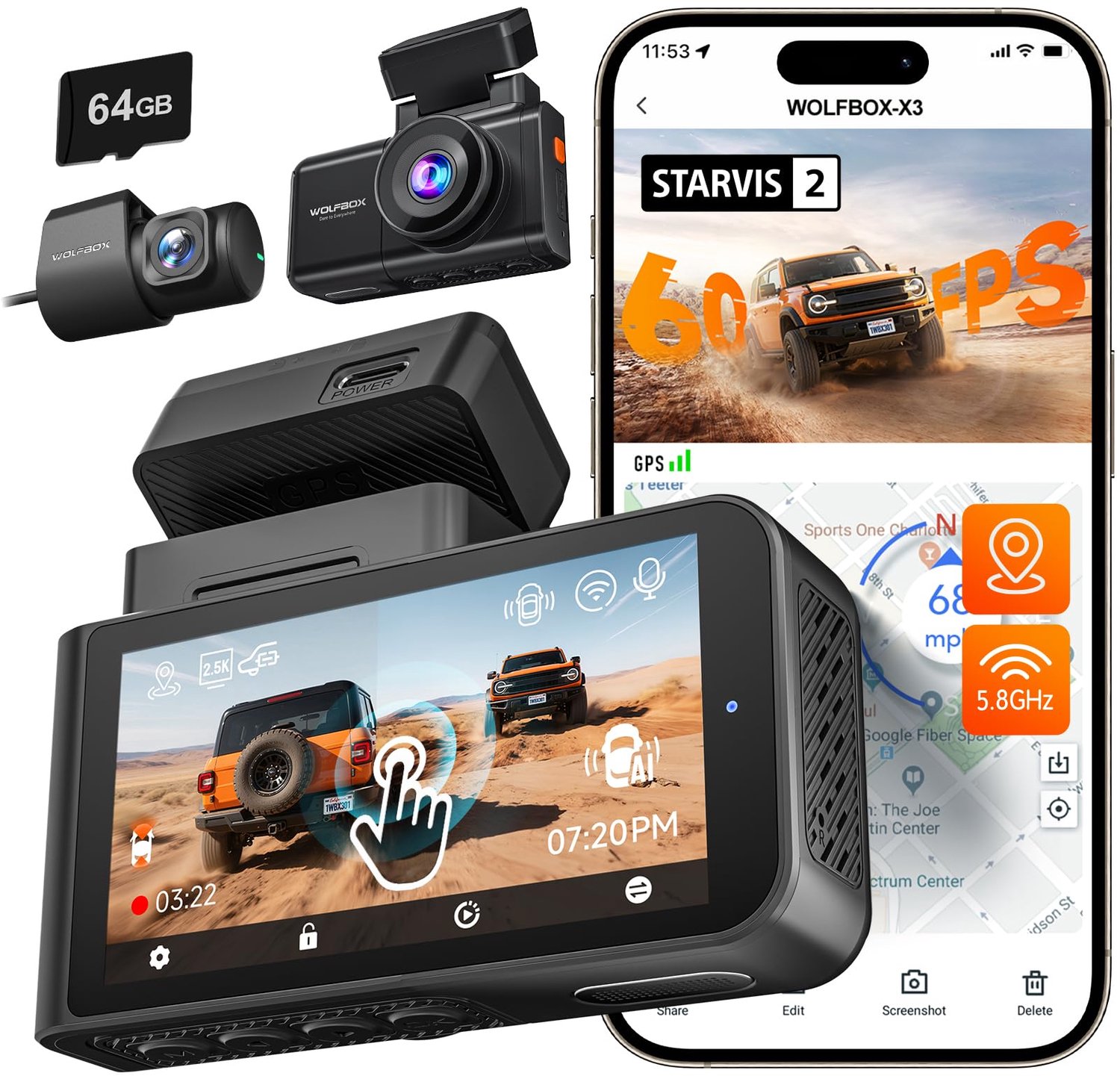 Dual Dashcam met 2.5K en 1080P, Met GPS en WiFi