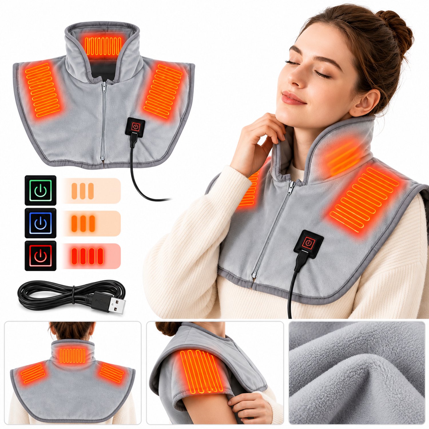 Marqs Nekwarmer - Elektrische sjaal - Winter - Wandelen - 3 Standen - Grijs - Nek en schouder verwarmer -USB - Licht ontwerp