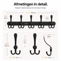 Maatschets van zwarte BOTC-wandkapstok met 5 dubbele haken, inclusief afmetingen in cm en inches.