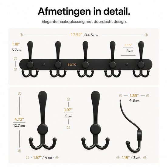 Maatschets van zwarte BOTC-wandkapstok met 5 dubbele haken, inclusief afmetingen in cm en inches.