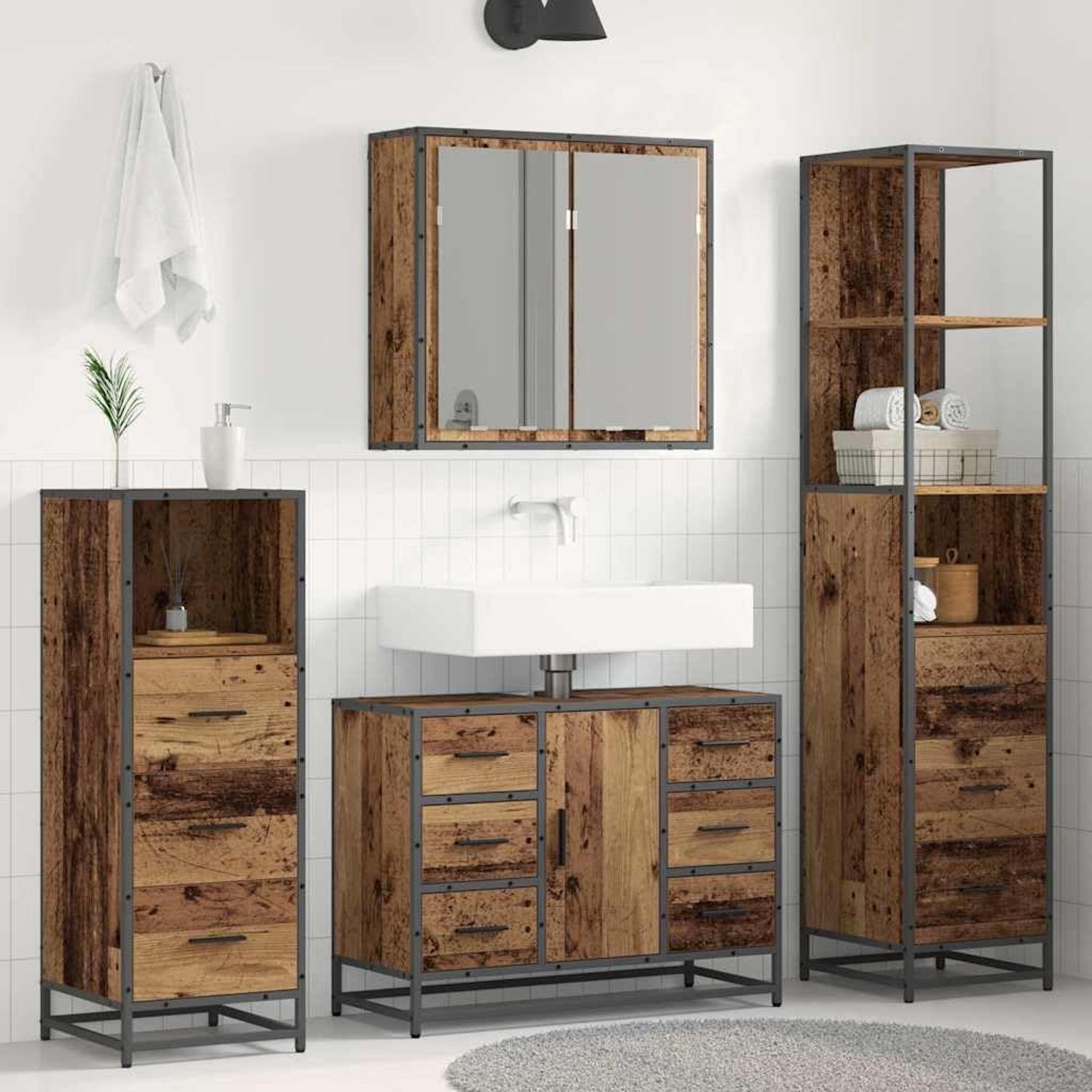 Badkamermeubelset 4 STK. Oud hout houtmateriaal, spiegelkast