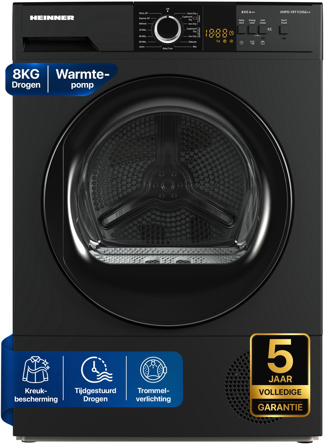 Heinner Wasdroger - Warmtepompdroger - 8 KG - 15 Programma's - LED Display - Trommelverlichting - Antraciet