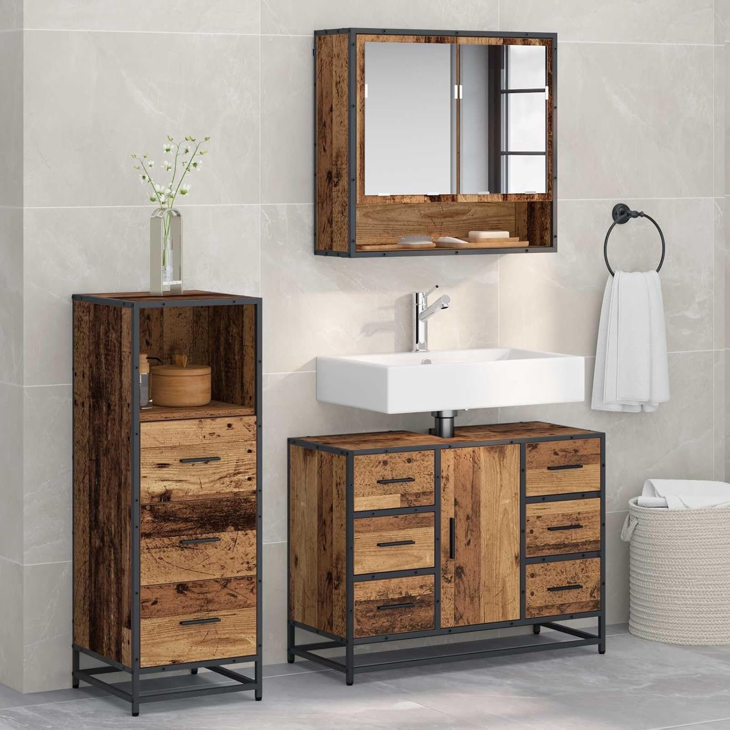 Badkamermeubelset 3 stuks oud hout 80 x 33 x 60 cm met spiegelkast
