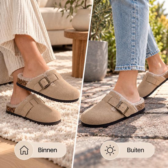 Beige gevoerde clogs met gesp gedragen binnen op een kleed en buiten op een stoep.
