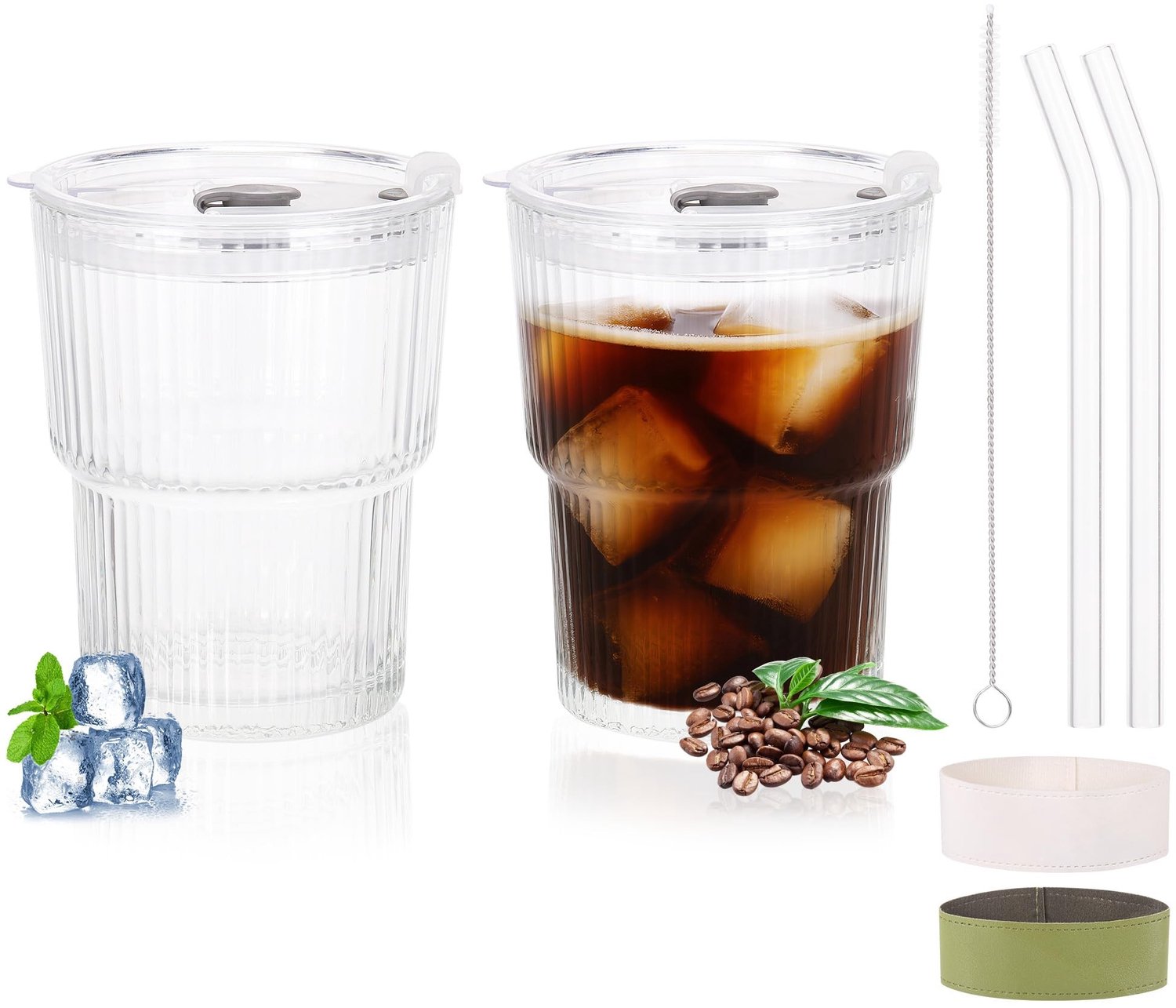 Glazen Bekers 400 ml - Glazen Beker met Deksel/Rietje - Set van 2 - Borosilicaatglas - Transparant - Schokbestendig - Drinkbeker