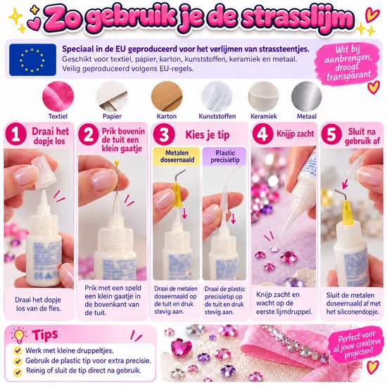 Stapsgewijze handleiding voor het gebruik van Zirevi strass-lijm op diverse materialen met tips en waarschuwingen.