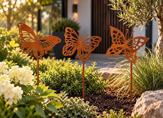 Drie roestkleurige metalen vlinder-tuinstekers in een zonnige tuin.
