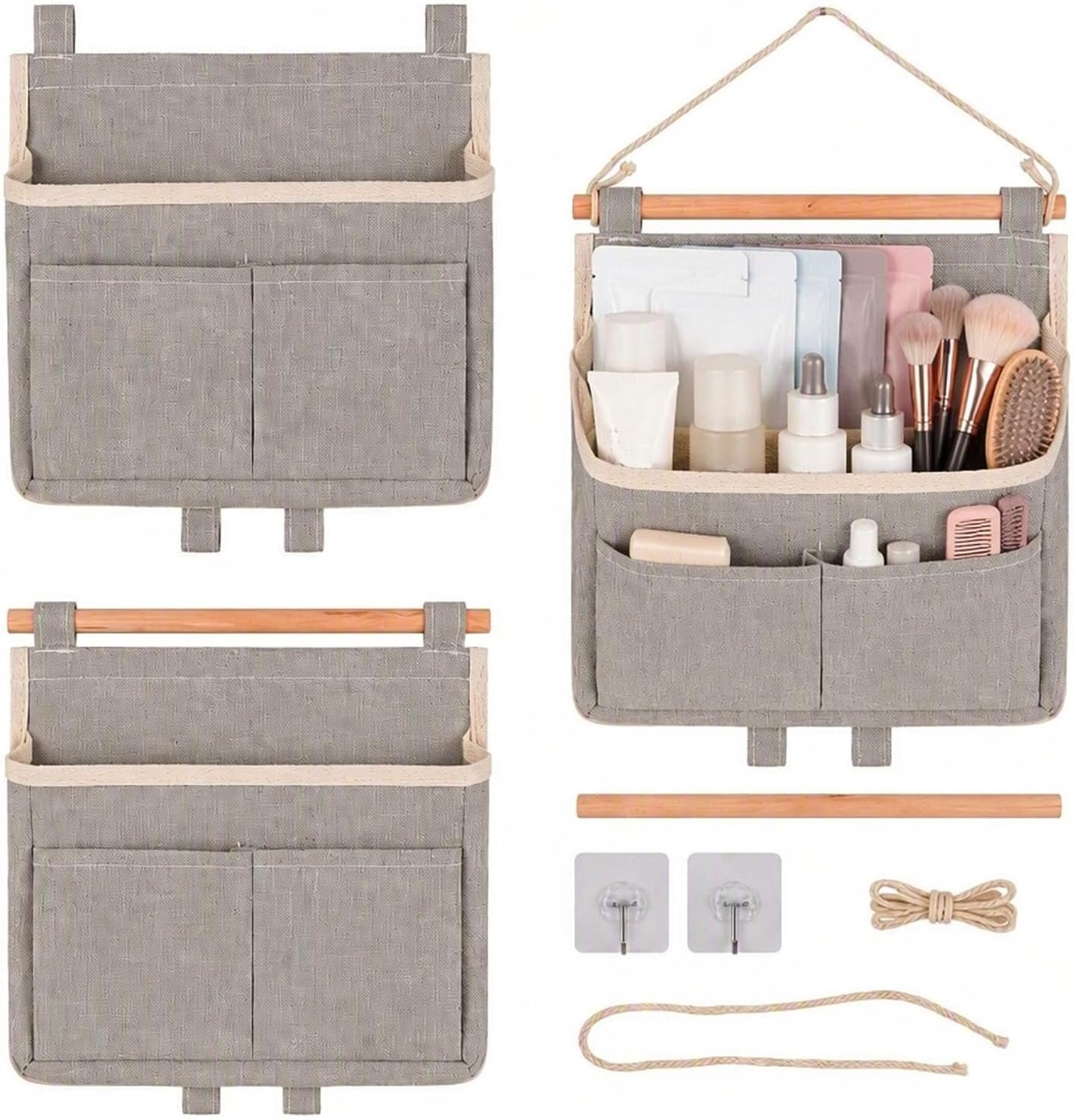 3 stuks hangorganizer met 3 zelfklevende haken, grijs, 25 x 27 x 6 cm