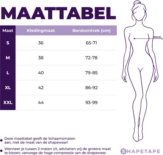 Maattabel met kledingmaten 36 tot 44 en borstomtrek van 65-99 cm, inclusief illustratie voor lichaamsmeting.