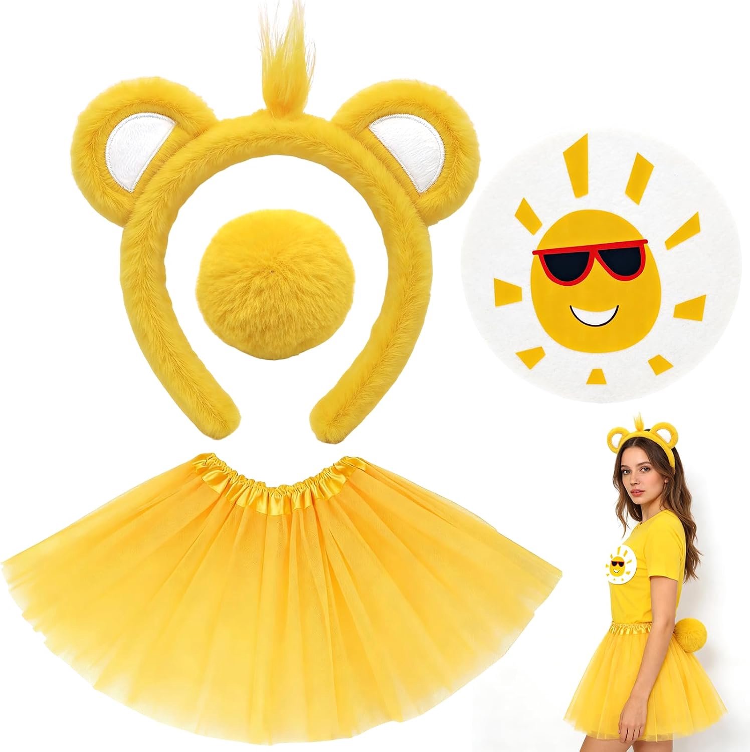 Berenkostuum voor dames voor carnaval – 4-delige set accessoires voor een berenkostuum voor volwassenen (haarband met berenoortjes, tule rokje, berenstaart) voor carnaval, Halloween en cosplay – Geel