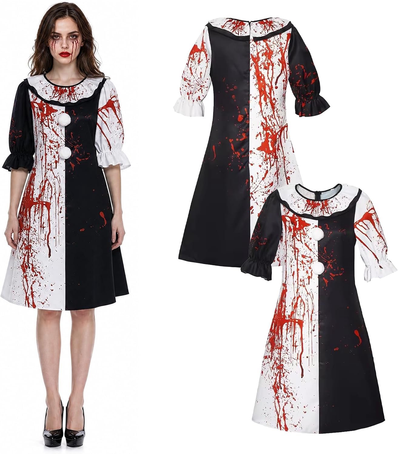 Kostuum voor volwassenen, bloed gevlekt horror clown overall/jurk