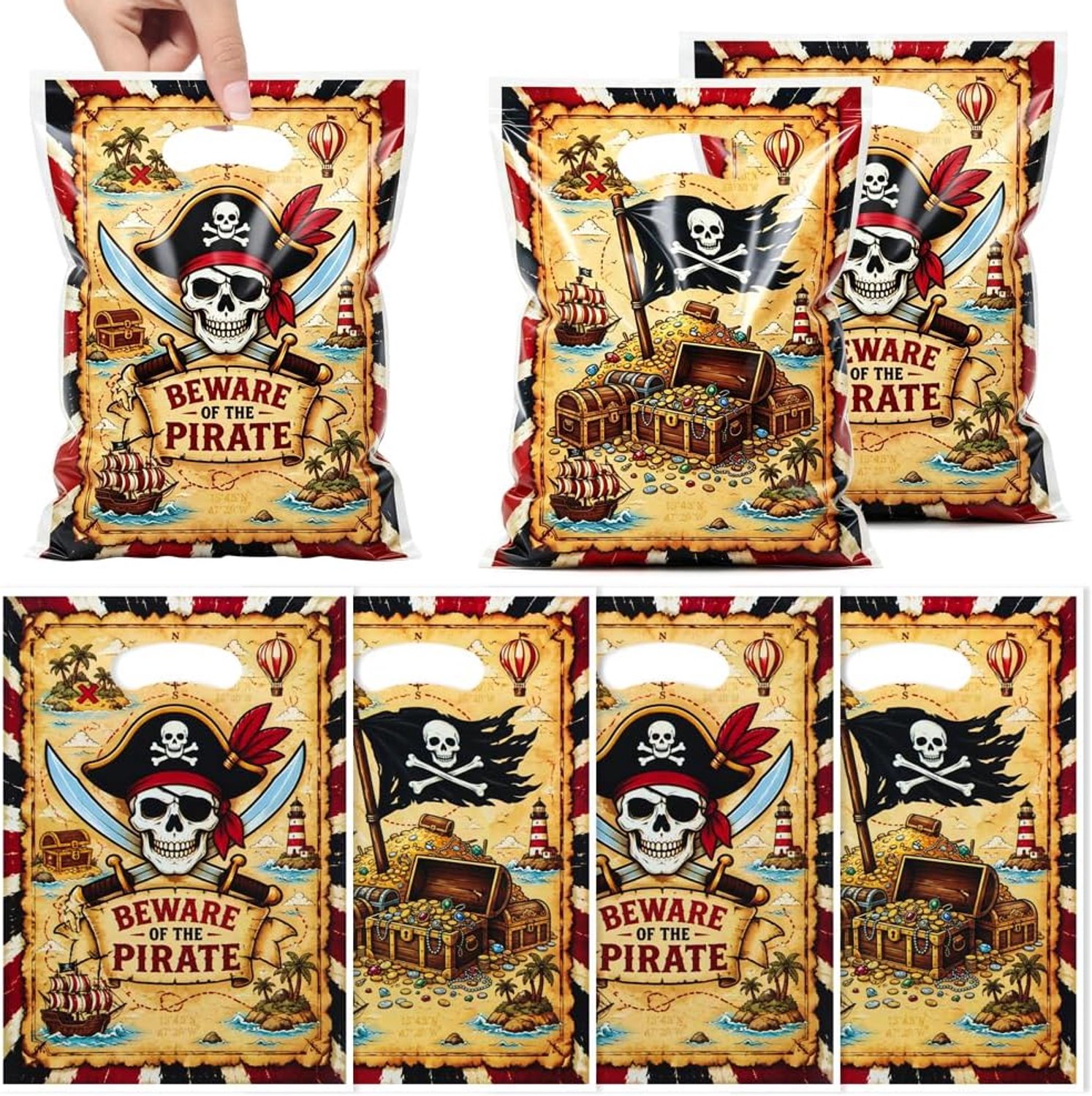 Piratenfeestzakjes met handgrepen, 50 stuks schatkaart plastic geschenkzakjes voor schattenjacht, nautisch thema verjaardagsfeestartikelen