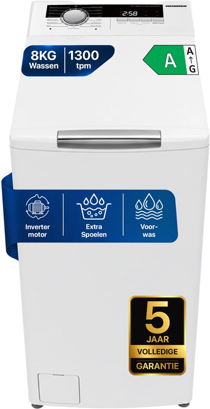 Heinner HWM-TL8013IVA++ Bovenlader Wasmachine 8 kg – 1300 tpm – Inverter Motor – Energieklasse A – 15 Programma’s met 15-minuten Snelprogramma – Trommelreiniging – Wit – 5 Jaar Garantie