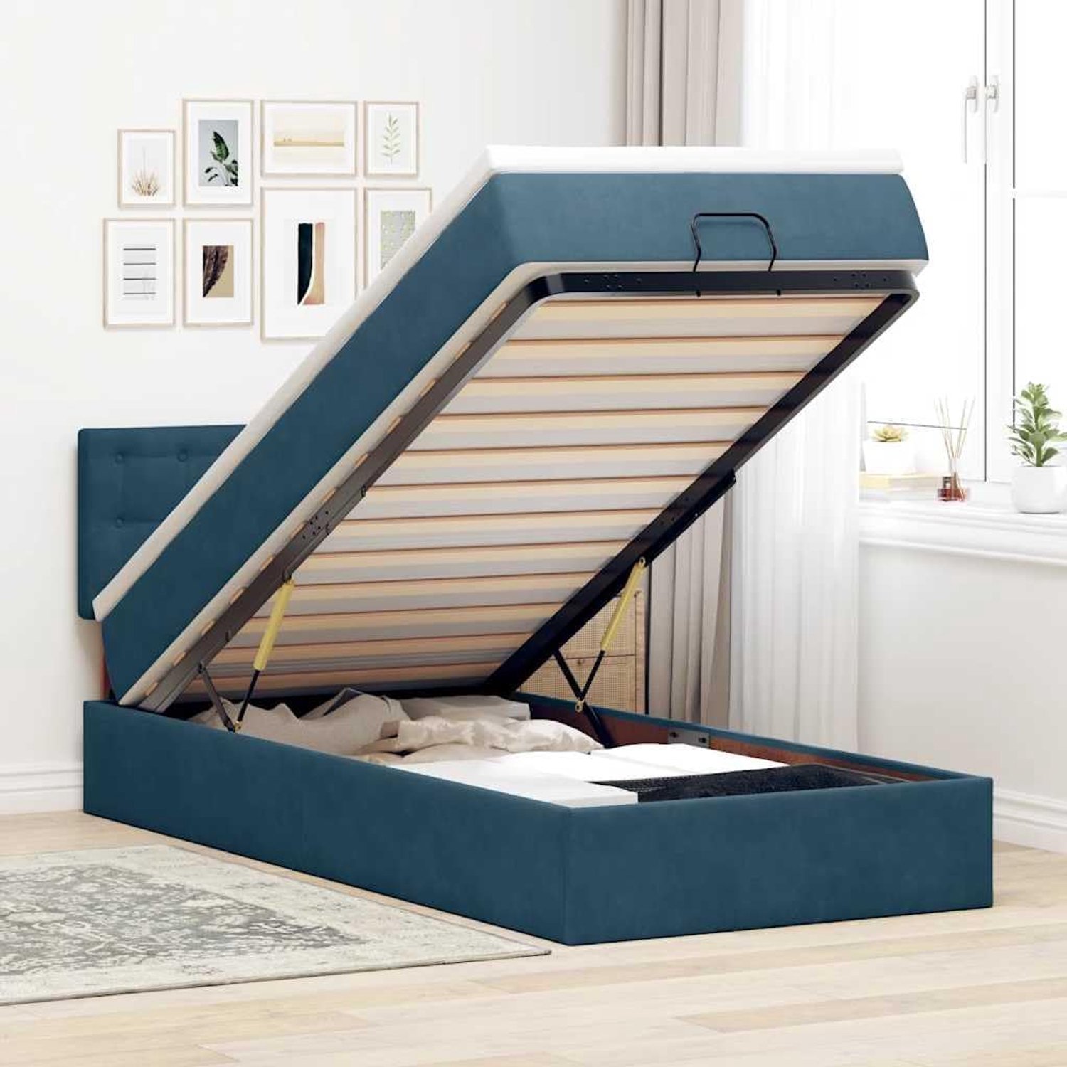 Fluweel met pocketveringmatras opbergbed donkerblauw 90x190cm
