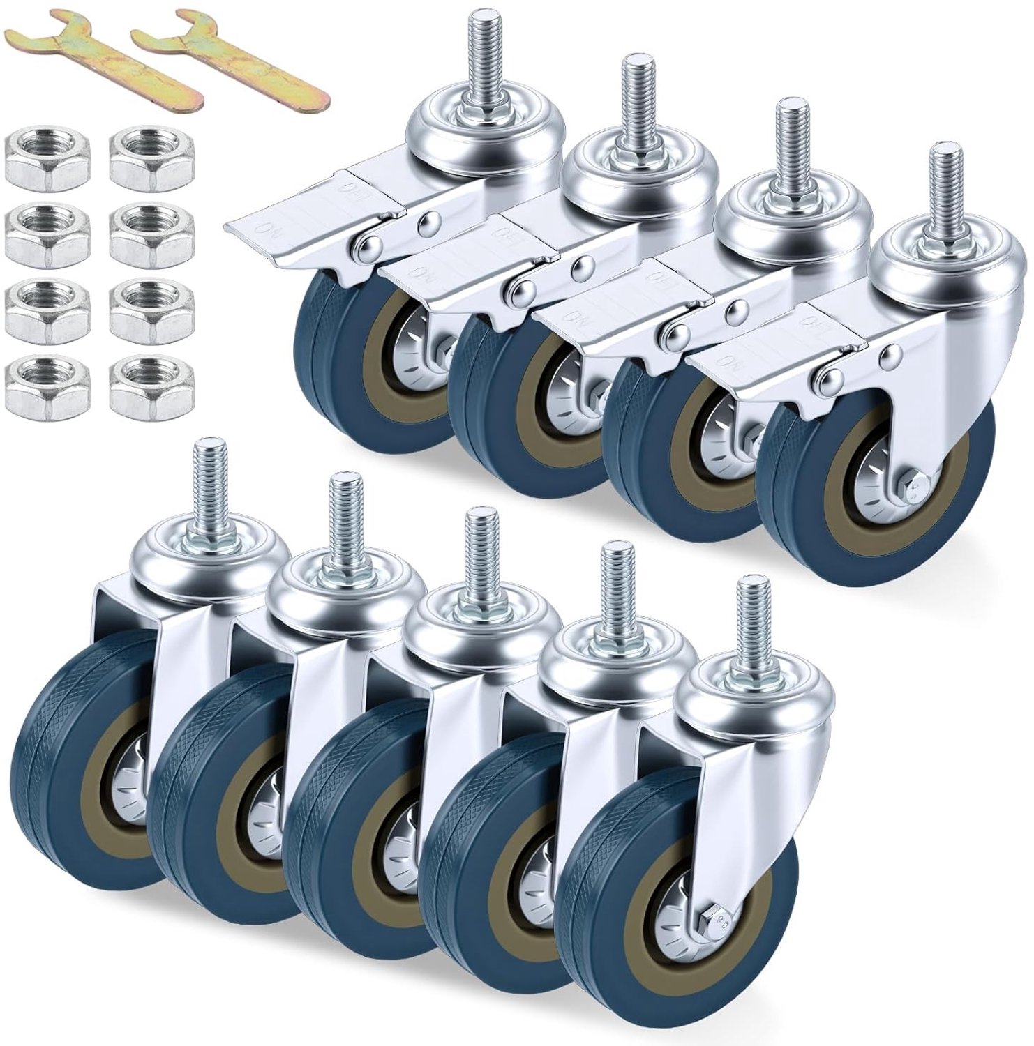 Set van 8 Zware Zwenkwielen 75 mm met Rem, Robuuste Meubelwielen van Koud Gewalst Staal voor Meubels en Werkplaatsen, Ideaal voor Zware Lasten en Vervoer