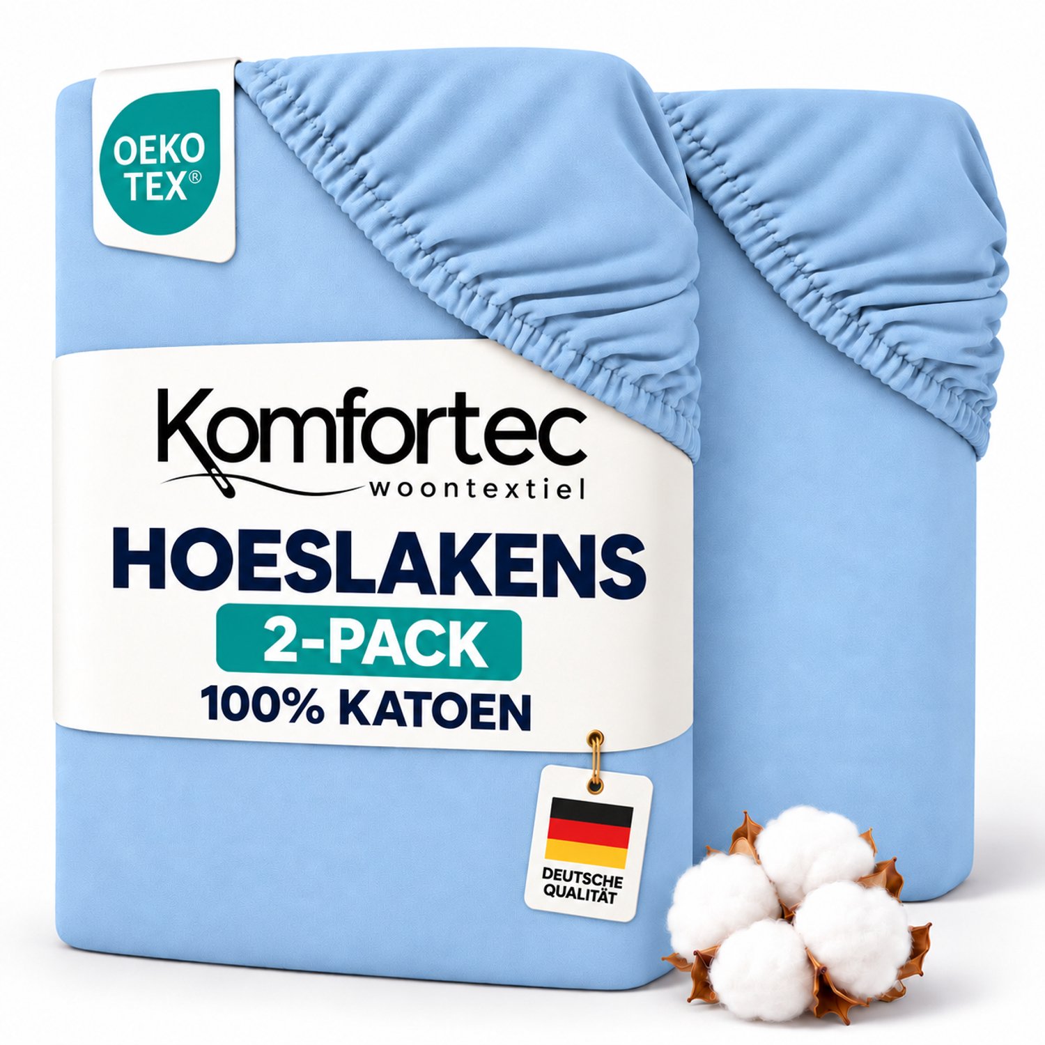 Komfortec Jersey Stretch 2-delige Hoeslaken Set 200x200 cm, Dubbelpak, 23 cm Matrasdikte, Rondom Elastiek, 100% Katoen, Lichtblauw