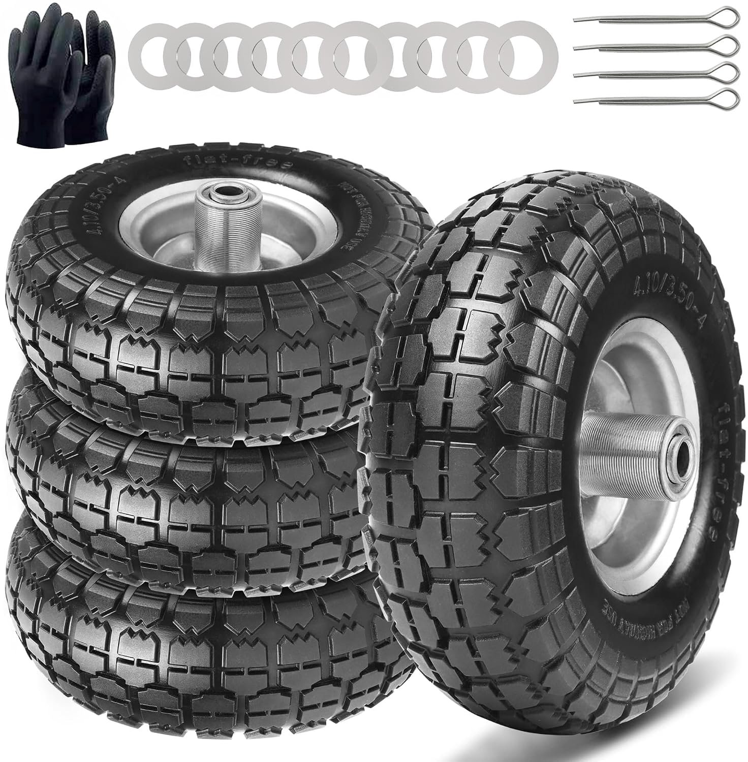 4 stuks steekwagenwielen voor steekwagen, massief rubberen banden, banden 4.10, 3.50-4, reservewielen voor bolderkar, 260 x 85 mm, wielas 20 mm (20 mm as 4 stakken)
