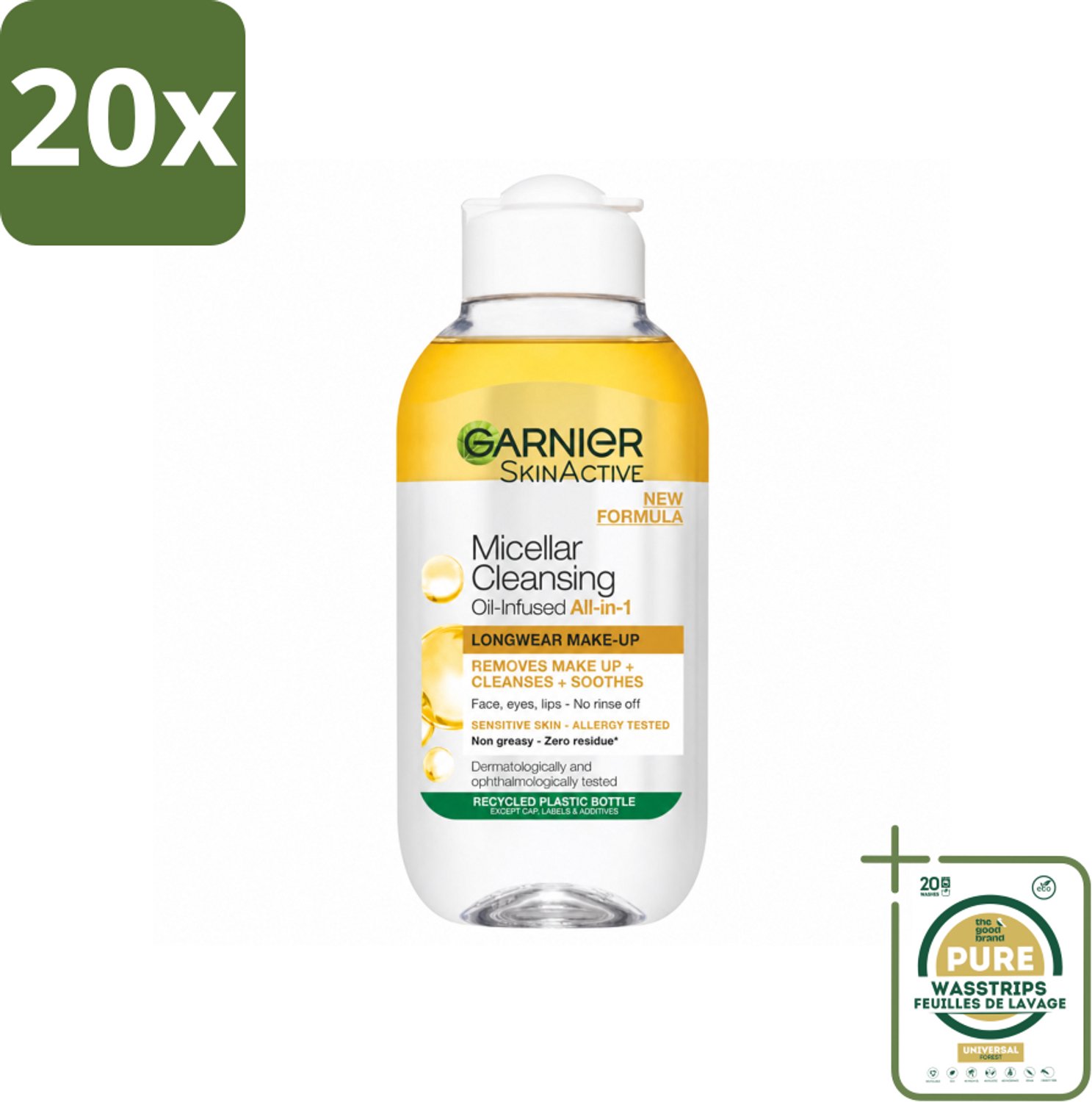 20 x Garnier - Micellair Reinigingswater - Olie - 100 ml - Wasstrips - Make-up Verwijderen - Micellair Reinigingswater - Gezicht Reinigen - Olie Voor Huid - Waterproof Make-up Verwijderen