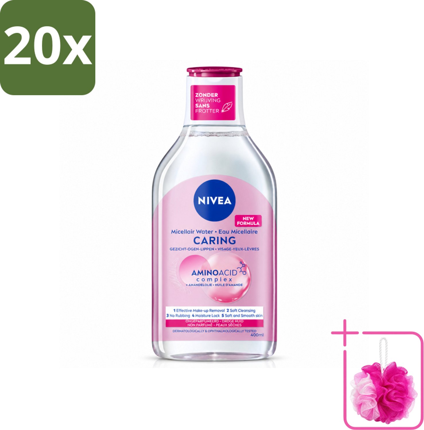 20 x NIVEA - Micellair Water - Essentials Verzachtend & Verzorgend - Voor droge huid - Met Amandelolie & Aminozuren - 400 ml - Bulkverpakking - Micellair water - Douchemop - Droge huid