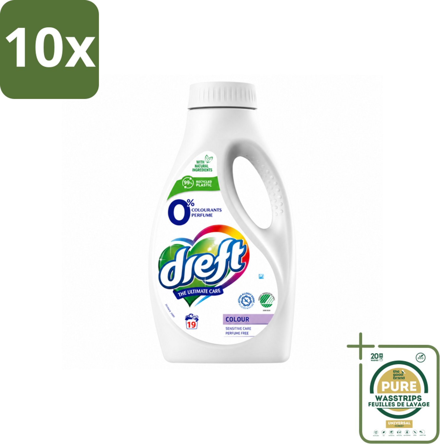10 x Dreft - Vloeibaar Wasmiddel - 0% Gekleurde Was - Hypoallergeen - 19 Wasbeurten - Wasstrips - 0% Gekleurde Was - Hypoallergenisch Wasmiddel - Gevoelige Huid - Natuurlijk Wasmiddel - Parfumvrij Wasmiddel