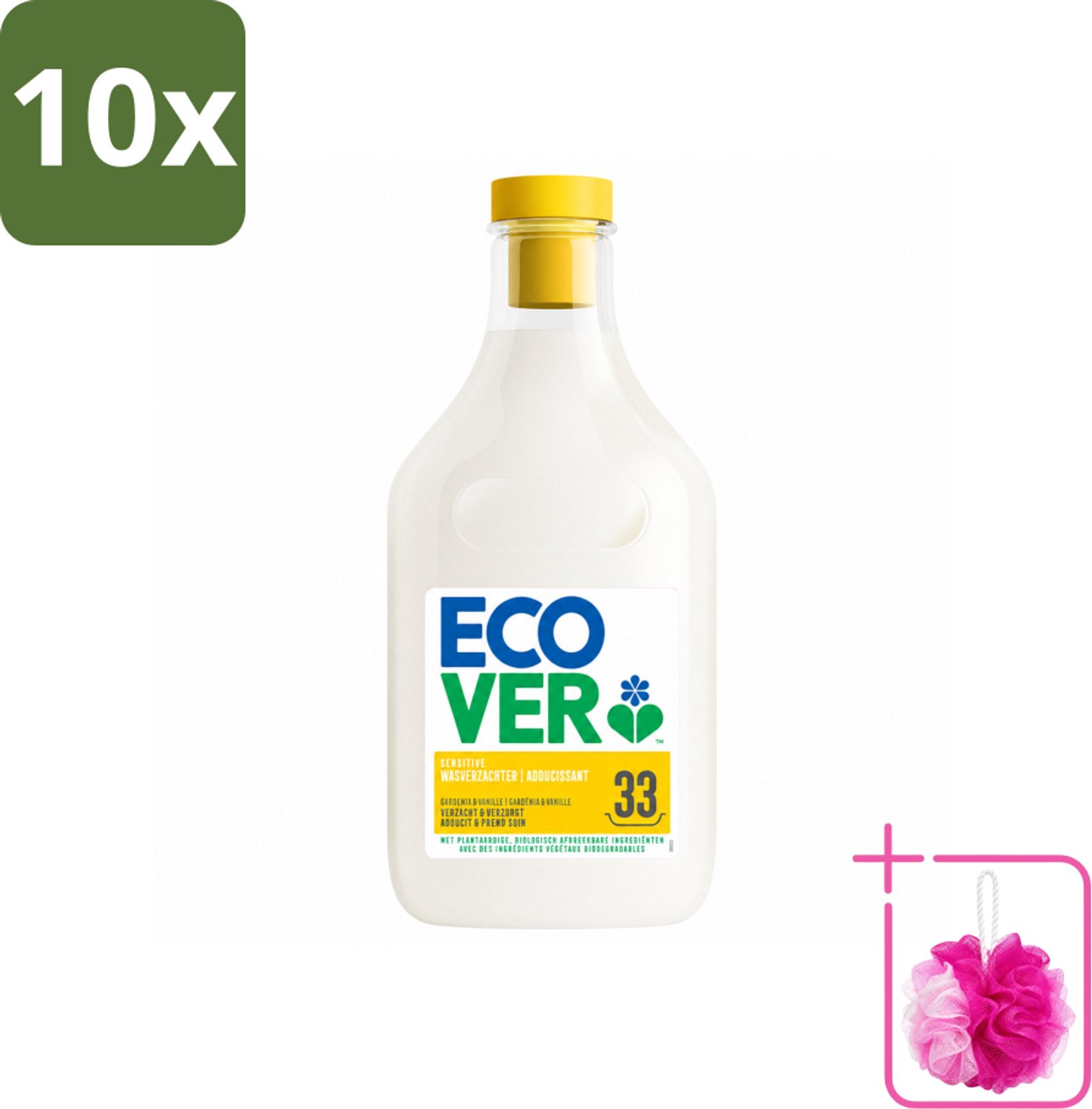 10 x Ecover - Wasverzachter - Gardenia - 1 liter - 33 wasbeurten - Bulkverpakking - Wasverzachter - Douchemop - Wasverzachter gardenia en vanille