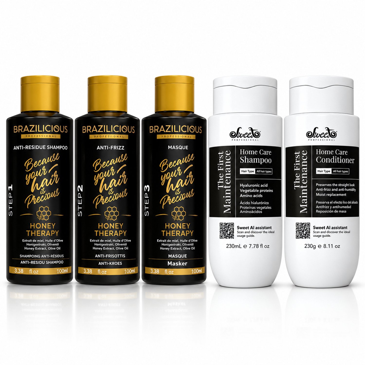 Brazilicious Honey Therapy Professional 3-Step Smoothing Set 3x100 ml + Sweet Professional The First Maintenance Home Care Shampoo & Conditioner – Complete Salon & Aftercare Routine voor Glad, Glanzend, Zacht en Langdurig Verzorgd Haar