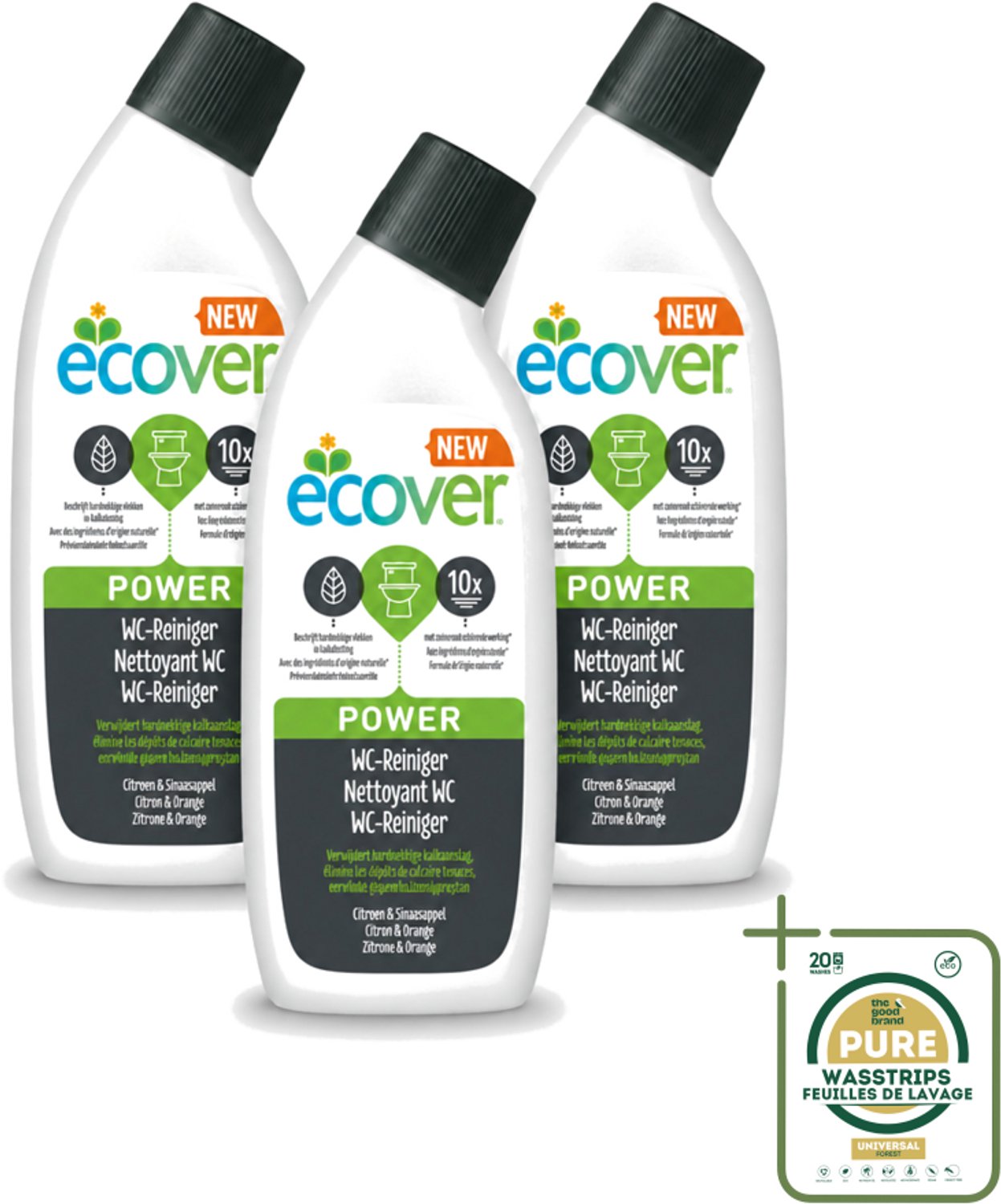 3 x Ecover - Toiletreiniger Power - 750 ml - Wasstrips - Toiletreiniger - Kalkaanslag - Ecologische Toiletreiniger - Krachtige Toiletreiniger - Plantaardige Toiletreiniger