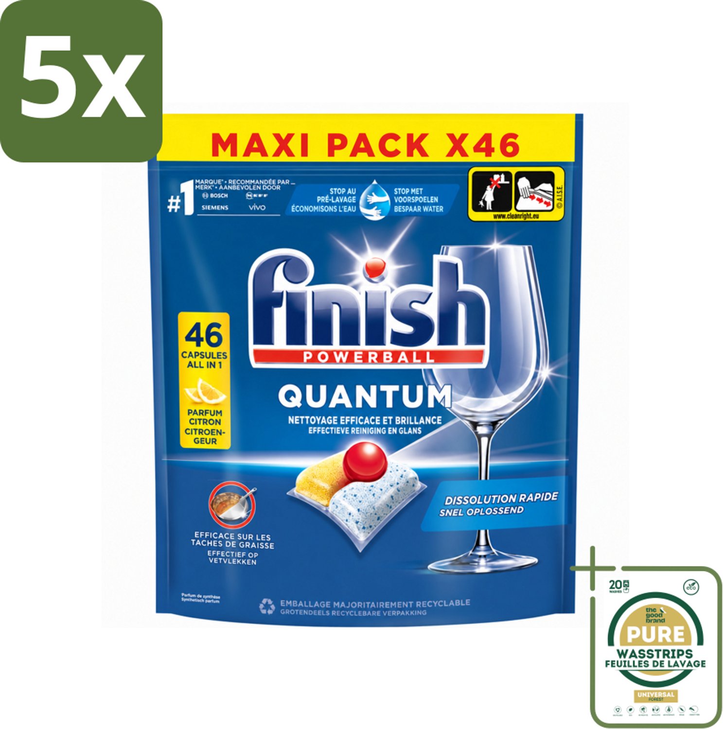 5 x Finish - Vaatwasmiddel - Quantum Vaatwastabletten Citroen - Diepe Reiniging & Frisheid - 46 capsules - Wasstrips - Vaatwasmiddel - Vaatwastabletten - Diepe Reiniging - Citroengeur - Glans