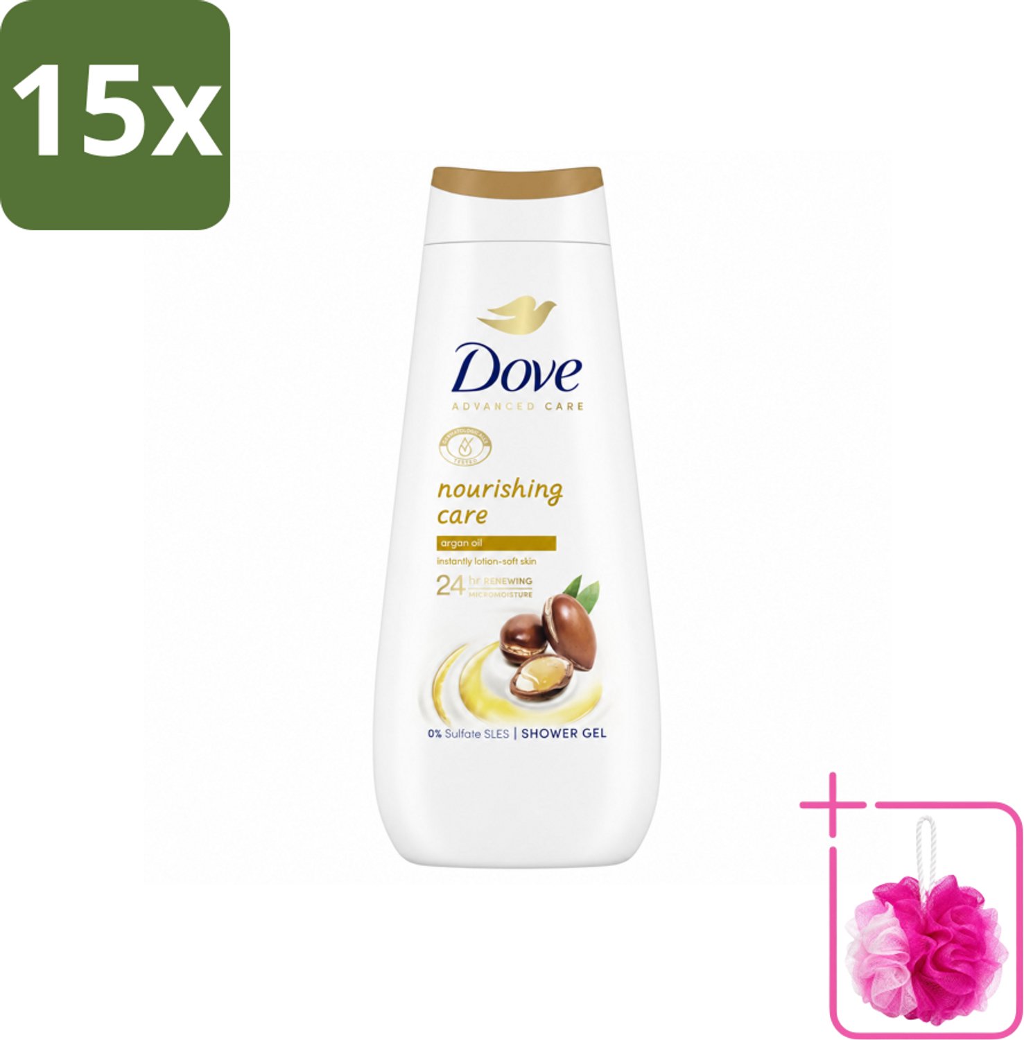 15 x Dove Douchecrème - Nourishing Care - Arganolie - 400 ml - Bulkverpakking - Douchegel - Douchemop - Huid verzorging