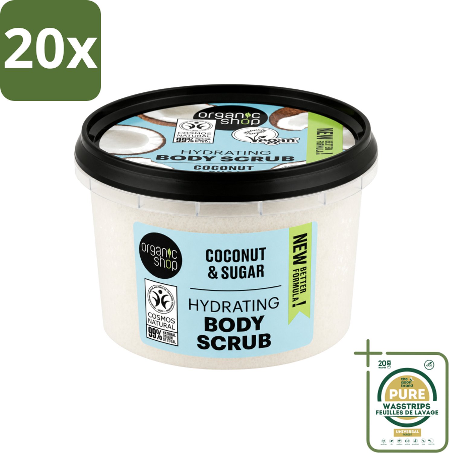20 x Organic Shop - Hydrating Body Scrub Coconut - Diep Voedend - 250 ml - Wasstrips - Huidverzorging - Suikerscrub - Kokosolie - Exfoliatie - Hydratatie