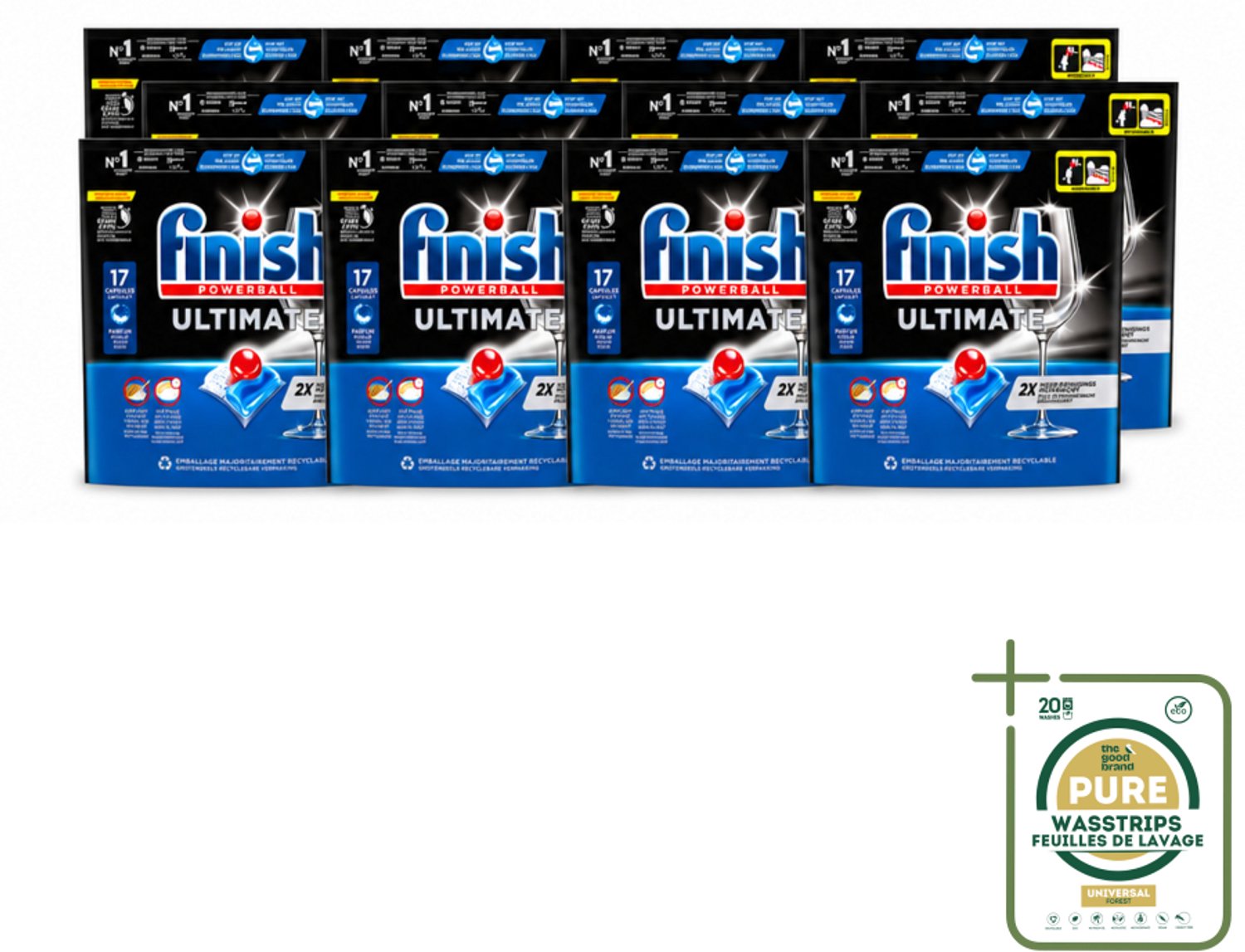 12 x Finish - Vaatwasmiddel - Ultimate Vaatwastabletten Regular - Krachtige Reiniging - 17 capsules - Wasstrips - Vaatwasmiddel - Vaatwastabletten - Reinigingskracht - Glans - ACTIVELIFT