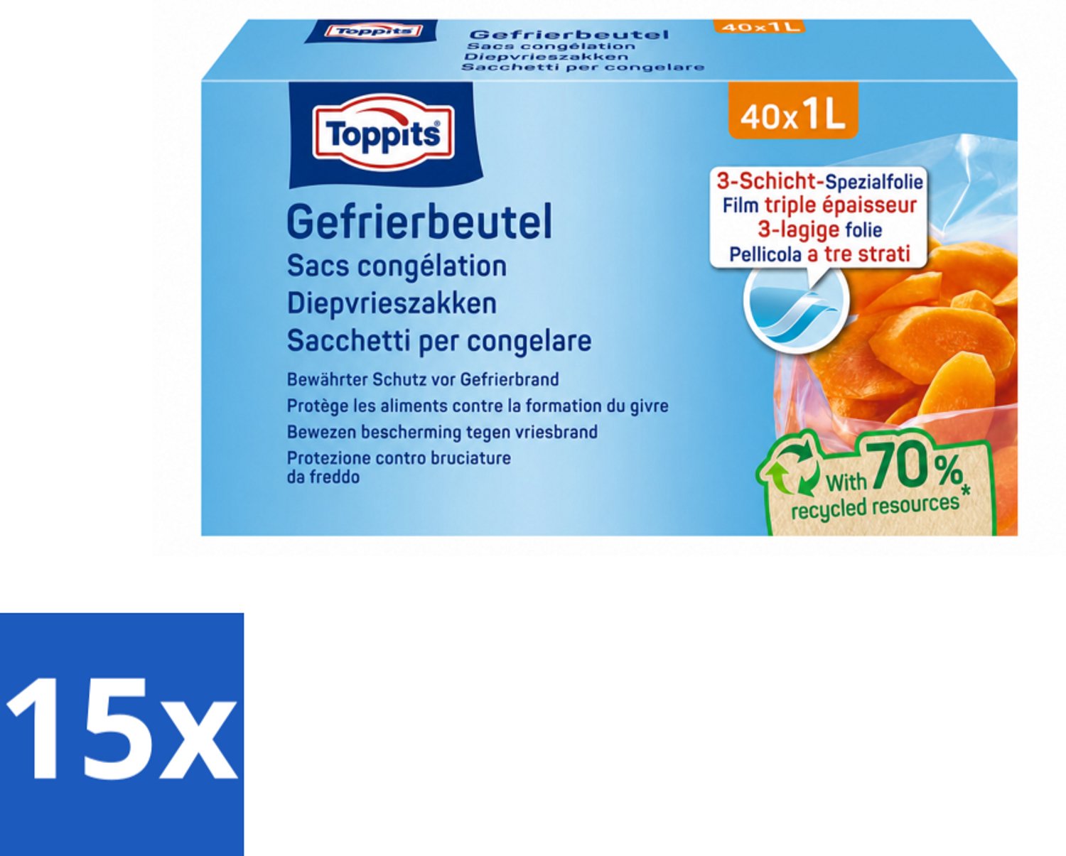 15 x Toppits – Diepvrieszakjes – 1 Liter – 40 Zakjes - Voordeelverpakking - 15 stuks